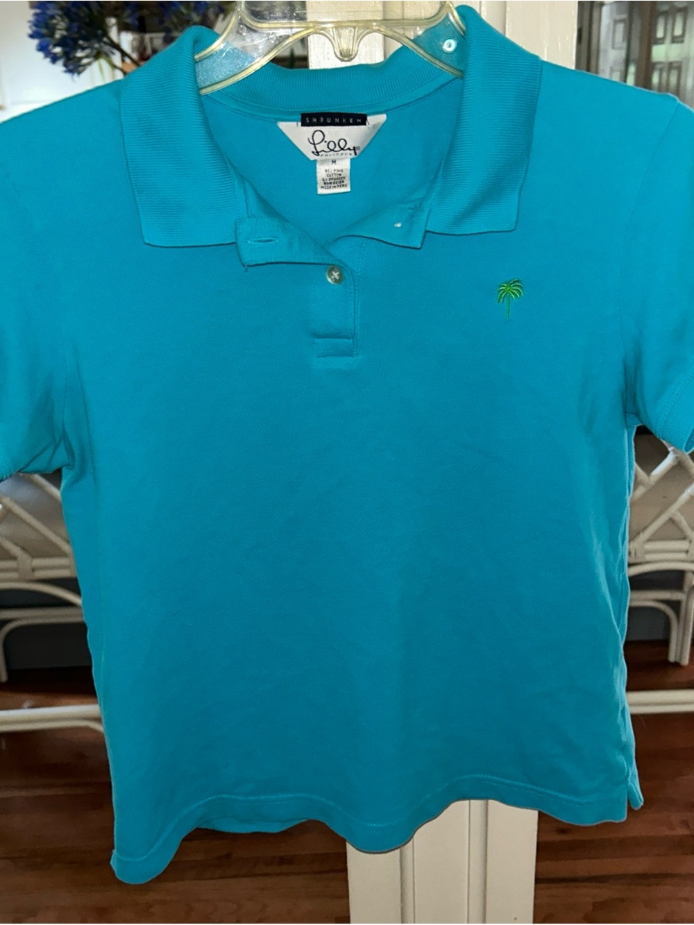 Lilly Pulitzer Teal Short Sleeve Polo with Palm Embroidery
